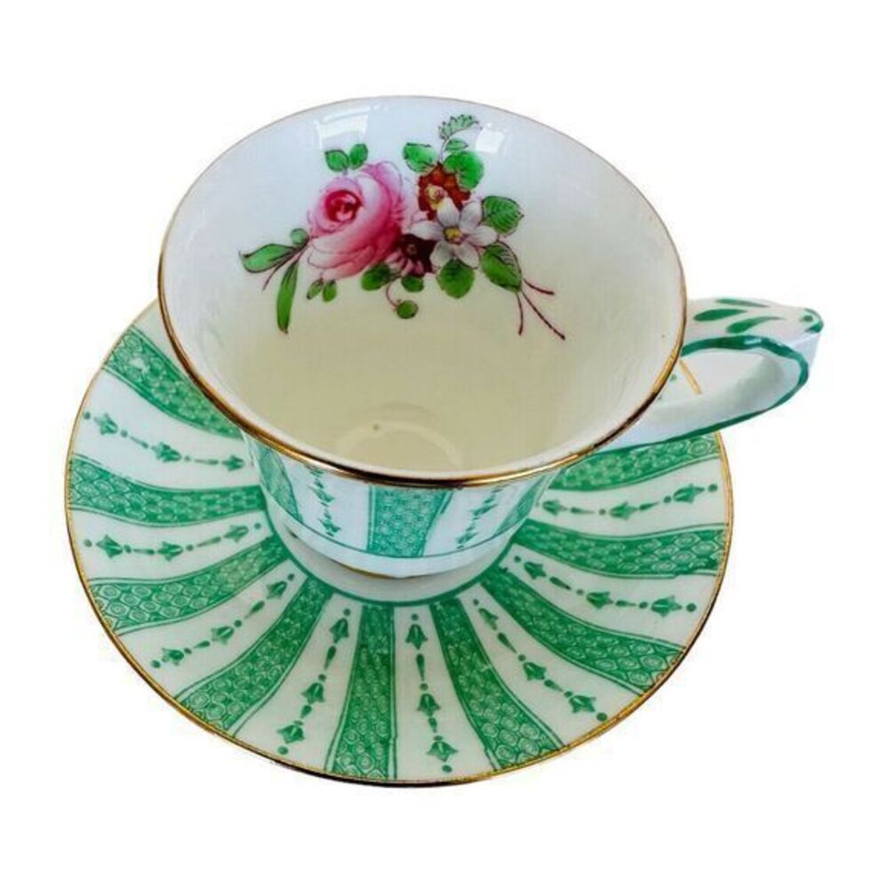 Crown Staffordshire Fine Bone‎ China Demitasse Cup & Saucer Green Lace Pink Rose
